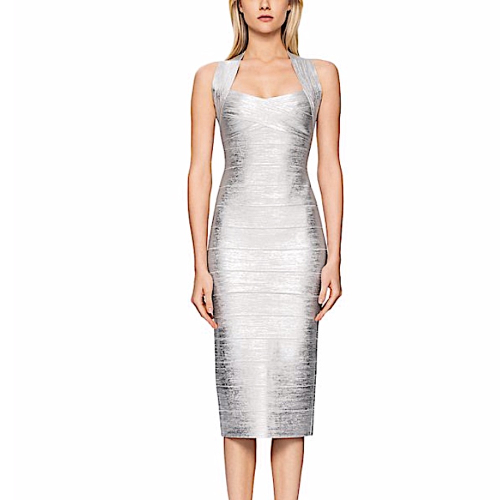 Herve Leger Foiled Crisscross Back Bandage Dress